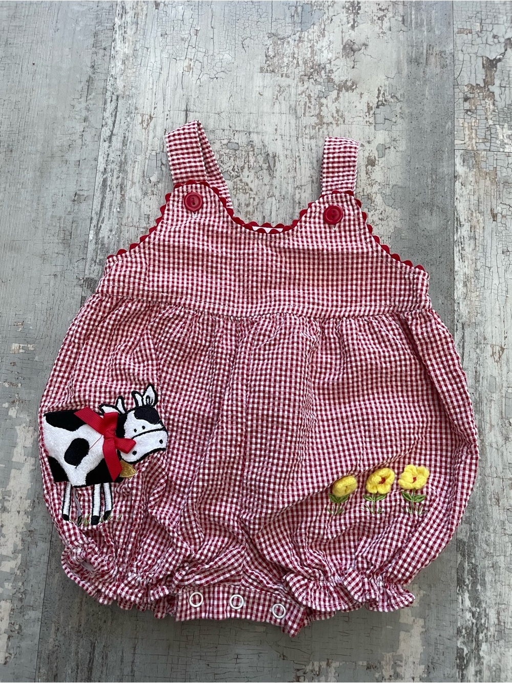 Vintage Baby Farmhouse Cow Bubble Romper in red and white plaid